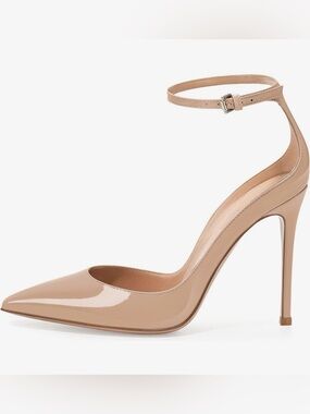 Patent Pointed-Toe Nude 100mm Pumps with Ankle Strap